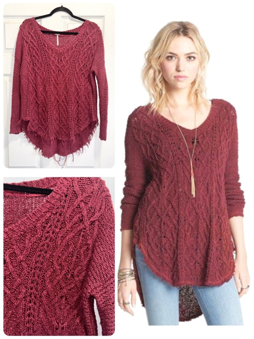 Free People Cross My Heart Sweater Distressed Cable Knit Burgundy FP Size XS